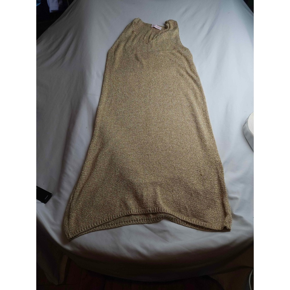 Yunika Gold Metallic Knit Sleeveless V-Neck A-Line Dress Medium Womens